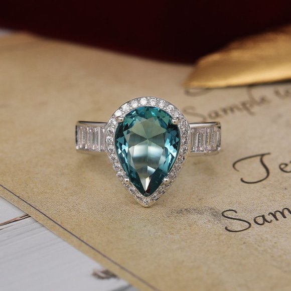 🔥Dainty Sea Blue Water Drop Crystal Pure CZ Silver Pear Ring for Women, K916 main image 4